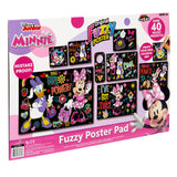 Front of a Disney Minnie Fuzzy Poster Jumbo Pad package featuring multiple velvet posters of Minnie Mouse and friends, colorful markers, and the phrases "Mistake Proof!" and "Over 40 Velvet Projects".


