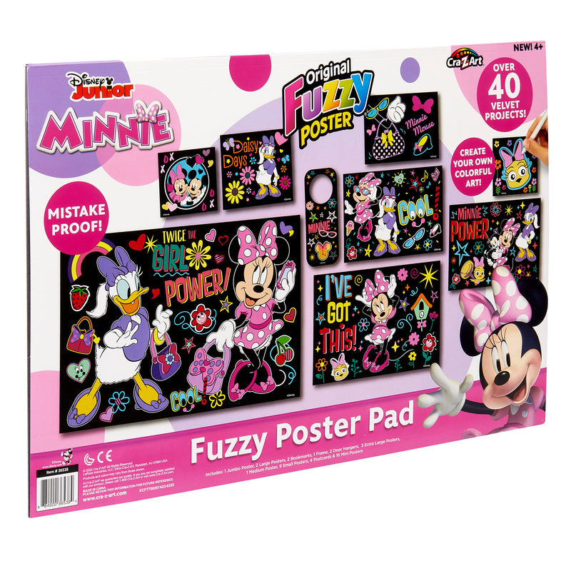 Front of a Disney Minnie Fuzzy Poster Jumbo Pad package featuring multiple velvet posters of Minnie Mouse and friends, colorful markers, and the phrases "Mistake Proof!" and "Over 40 Velvet Projects".

