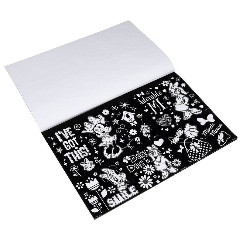 Open the Disney Minnie Fuzzy Poster Jumbo Pad featuring black and white designs with cartoon characters, hearts, stars, and motivational phrases like "I've Got This!" and "Smile.
