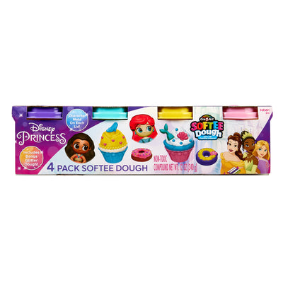 A 4-pack of DISNEY PRINCESS Scented Glitter Softee Dough 3 oz. 4 Count featuring colorful tubs, character stamps, and images of princesses on the packaging.