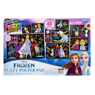 Box of Disney Frozen 2 Fuzzy Poster Jumbo Pad featuring various "Frozen" themed coloring posters and markers. Includes over 40 projects, showcasing Anna, Elsa, and Olaf characters.