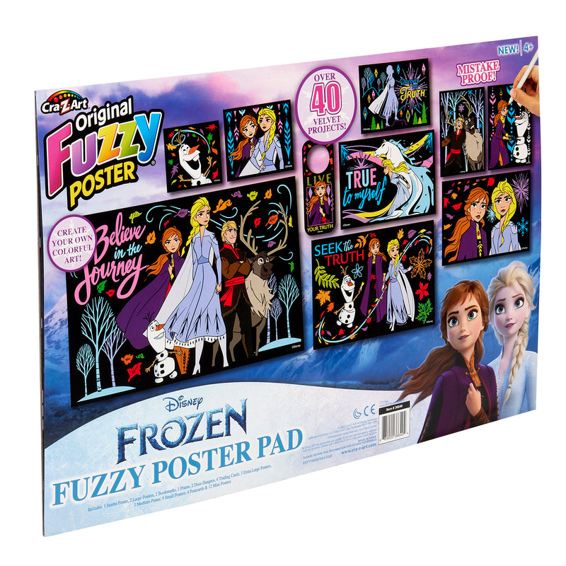 Disney Frozen 2 Fuzzy Poster Jumbo Pad featuring characters from the movie, with over 40 velvet art projects and the slogan "Create Your Own Fuzzy Masterpiece." Includes Elsa, Anna, and other characters.