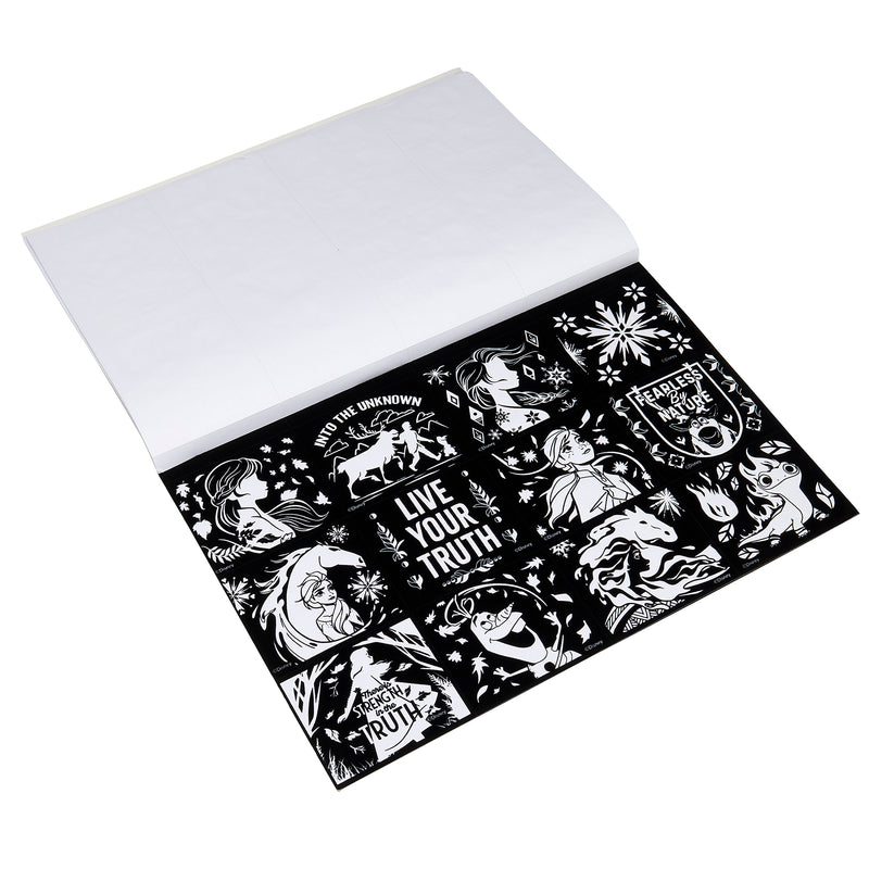 An open Disney Frozen 2 Fuzzy Poster Jumbo Pad displaying illustrated pages with various inspirational quotes and designs.