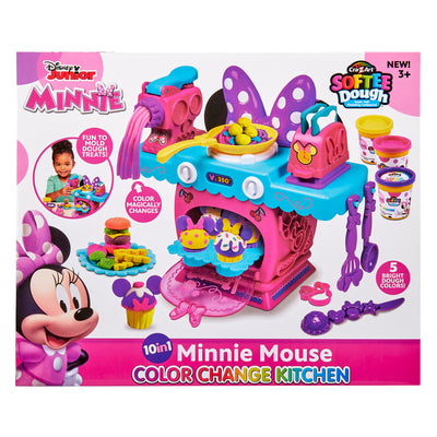 Box packaging of a Disney Minnie Softee Dough Color Change Kitchen toy set, featuring vibrant colors and toy kitchen accessories for children aged 3 and above.