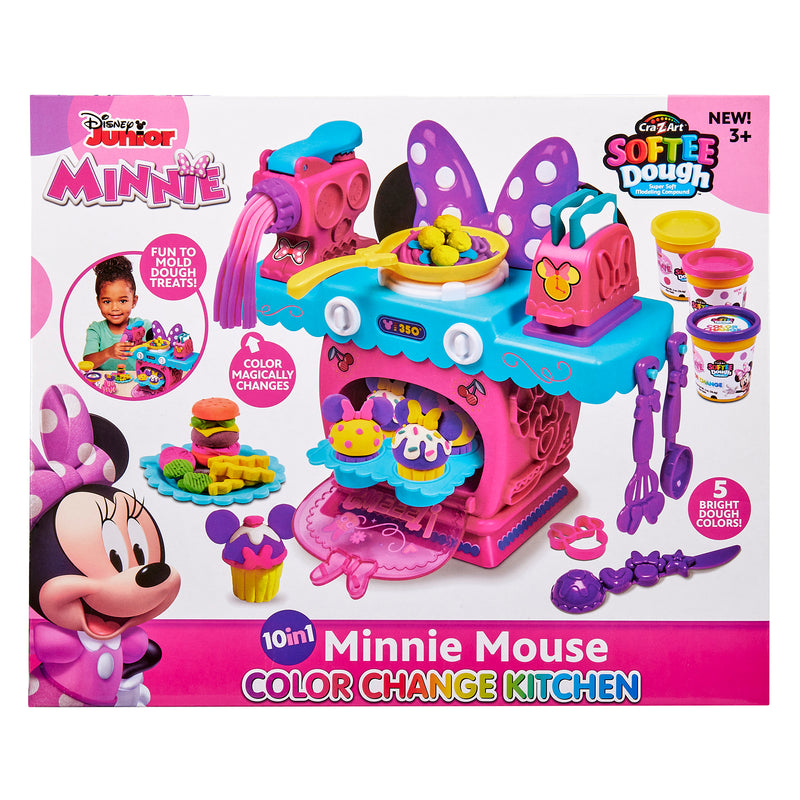 Box packaging of a Disney Minnie Softee Dough Color Change Kitchen toy set, featuring vibrant colors and toy kitchen accessories for children aged 3 and above.