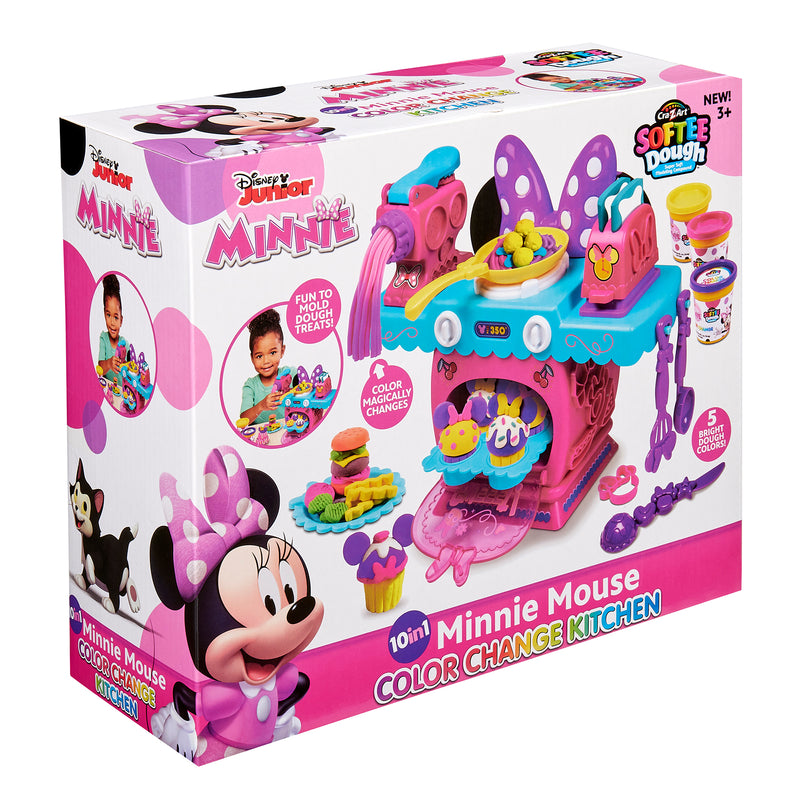 Box for Disney Minnie Softee Dough Color Change Kitchen, featuring a child playing with the set and various kitchen accessories. Suitable for ages 3 and up.