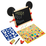 Disney Junior Mickey & Friend: 3 in 1 Magnetic Tabletop Easel featuring a blackboard with mouse ears, chalk, colored stencils, alphabet stickers, a sharpener, and a pencil with a mouse head eraser.