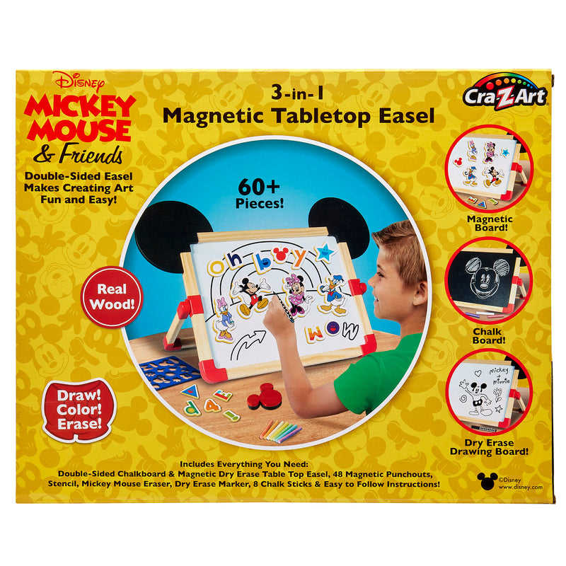 Box for Disney Junior Mickey & Friend: 3 in 1 Magnetic Tabletop Easel, features 60+ pieces including chalkboard, magnetic board, and accessories.