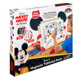 A Disney Junior Mickey & Friend: 3 in 1 Magnetic Tabletop Easel featuring Disney's Mickey Mouse and Friends, with over 60 pieces including magnets, chalk sticks, stencils, a dry erase marker, a chalkboard, and a drawing board.