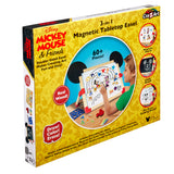 A boxed set of a "Disney Junior Mickey & Friend: 3 in 1 Magnetic Tabletop Easel" featuring Mickey Mouse and Friends. The box highlights over 60 pieces, double-sided easel, magnetic board, chalkboard, and dry erase board.
