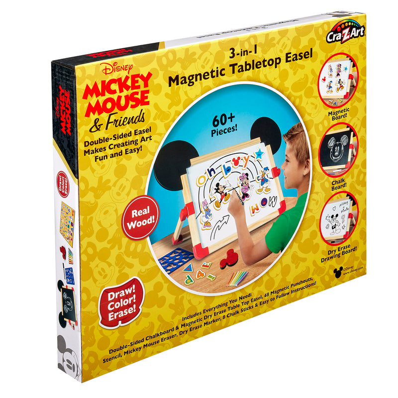 A boxed set of a "Disney Junior Mickey & Friend: 3 in 1 Magnetic Tabletop Easel" featuring Mickey Mouse and Friends. The box highlights over 60 pieces, double-sided easel, magnetic board, chalkboard, and dry erase board.