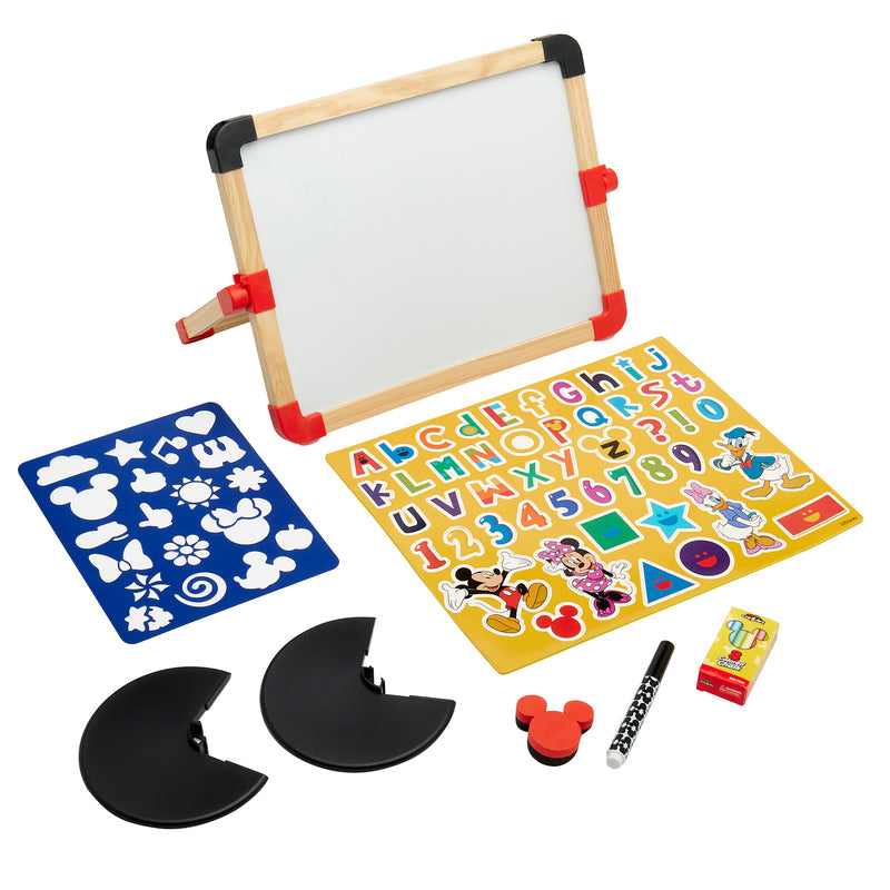 Disney Junior Mickey & Friend: 3 in 1 Magnetic Tabletop Easel including a whiteboard, stencils, alphabet stickers, markers, chalk, and a sharpener, all featuring cartoon characters and assorted shapes.