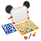 A children's learning set featuring a small whiteboard with mouse ears, alphabet and number magnets, shape stencils, a marker, an eraser, and stickers of a cartoon character is the Disney Junior Mickey & Friend: 3 in 1 Magnetic Tabletop Easel.