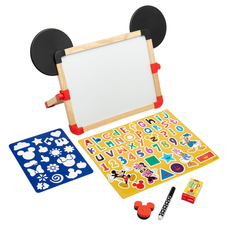 A children's learning set featuring a small whiteboard with mouse ears, alphabet and number magnets, shape stencils, a marker, an eraser, and stickers of a cartoon character is the Disney Junior Mickey & Friend: 3 in 1 Magnetic Tabletop Easel.