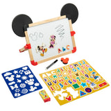 Disney Junior Mickey & Friend: 3 in 1 Magnetic Tabletop Easel featuring a whiteboard with black mouse ears, magnetic letters, stencils, markers, and erasers themed with an animated character.