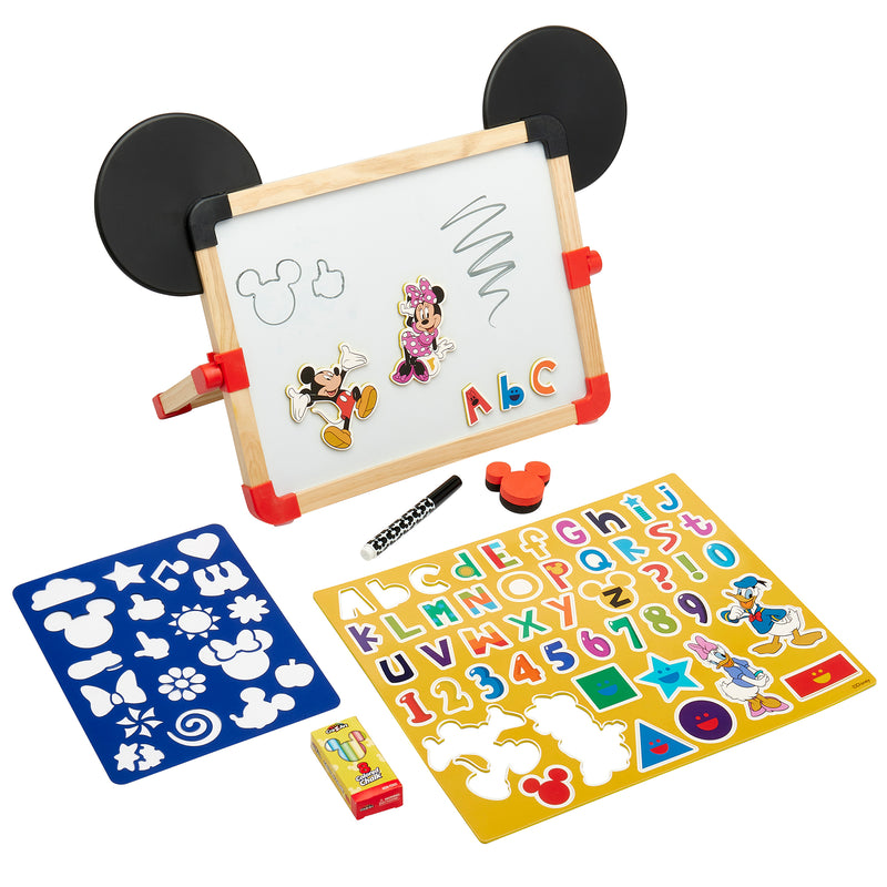 Disney Junior Mickey & Friend: 3 in 1 Magnetic Tabletop Easel featuring a whiteboard with black mouse ears, magnetic letters, stencils, markers, and erasers themed with an animated character.