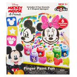 Packaging for Disney Junior Mickey & Friend: Finger Painting Fun, featuring paint, stencils, and shaped sponges for kids aged 3 and up. Includes 6 washable paints. Warning: small parts.