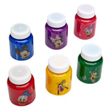 Six small paint bottles in blue, purple, red, green, yellow, and light pink colors, each with Disney character decals including Mickey, Minnie, Donald, Daisy, Goofy, and Pluto—Disney Junior Mickey & Friend: Finger Painting Fun.