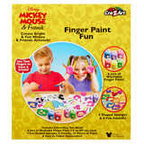 Children using finger paint to create artwork on white paper, with Mickey Mouse-themed illustrations and paint supplies visible. The box shows the product name "Disney Junior Mickey & Friend: Finger Painting Fun.