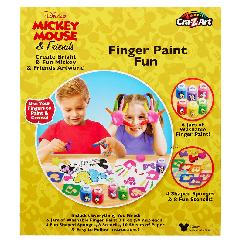 Children using finger paint to create artwork on white paper, with Mickey Mouse-themed illustrations and paint supplies visible. The box shows the product name "Disney Junior Mickey & Friend: Finger Painting Fun.