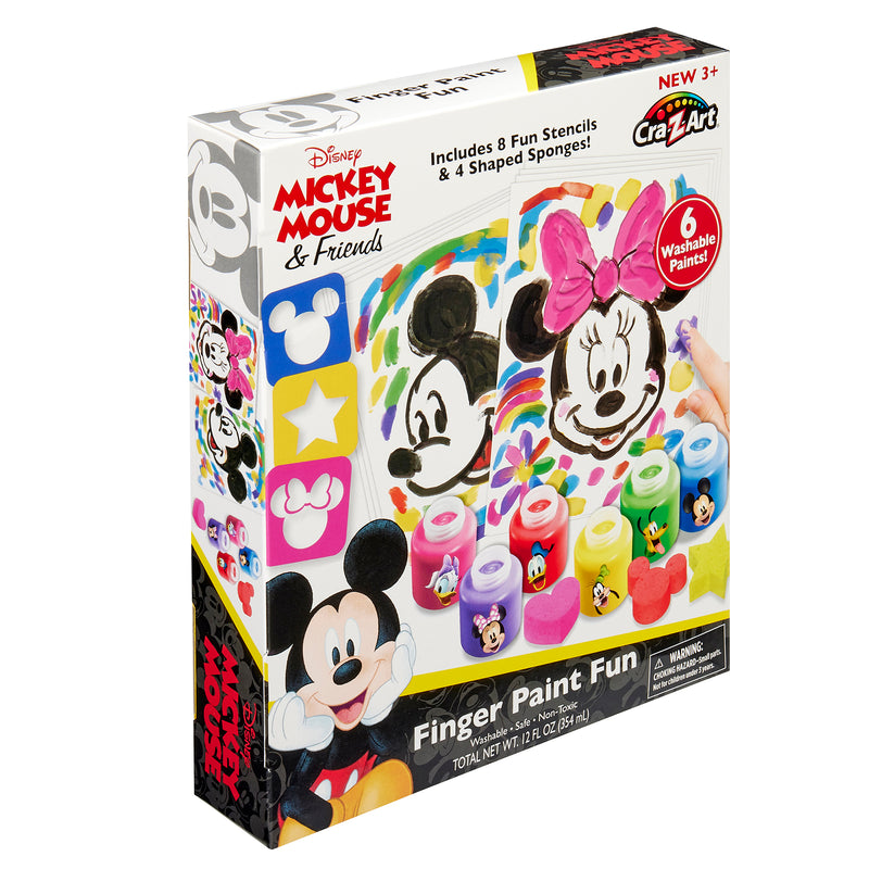 Box of Disney Junior Mickey & Friend: Finger Painting Fun set featuring stencils, sponges, and six washable paints. Suitable for ages 3 and up.