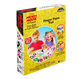 Box of Disney Junior Mickey & Friend: Finger Painting Fun showcasing children painting. Includes 6 jars of paint, 2 brushes, 4 sponges, and instructions.