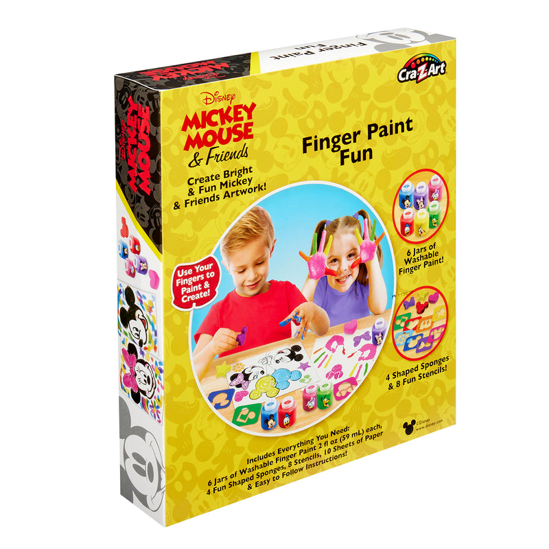Box of Disney Junior Mickey & Friend: Finger Painting Fun showcasing children painting. Includes 6 jars of paint, 2 brushes, 4 sponges, and instructions.