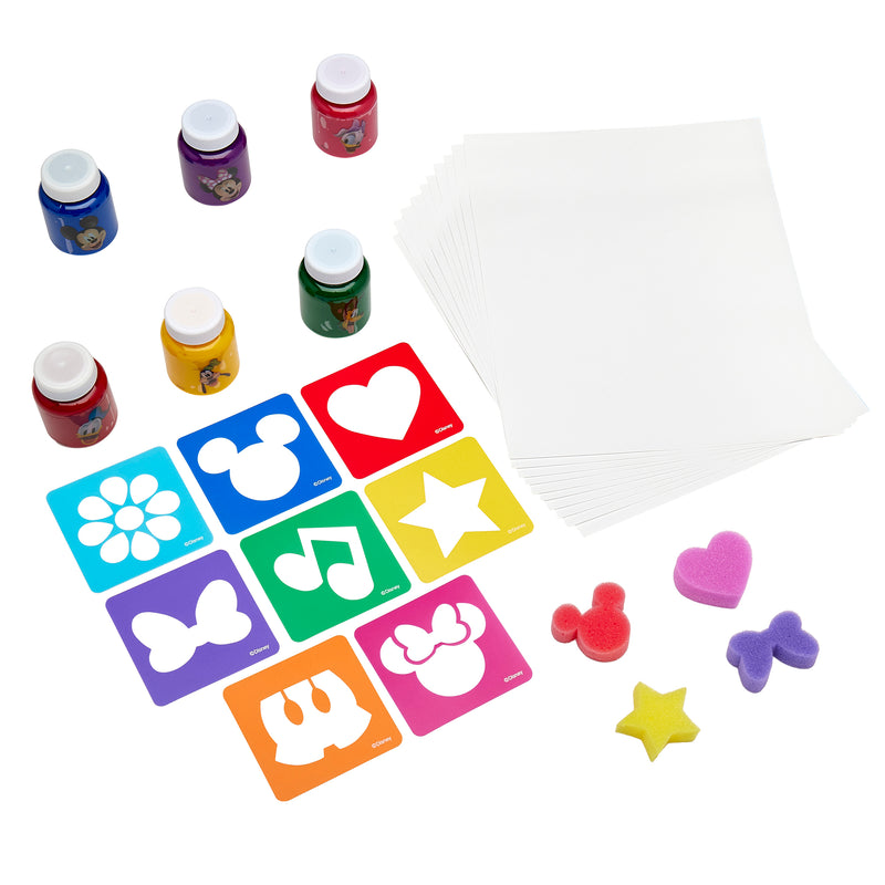 Art supplies including Disney Junior Mickey & Friend: Finger Painting Fun, blank white sheets, stencils with various shapes, and four sponges in heart, butterfly, star, and Mickey shapes, arranged on a white background.