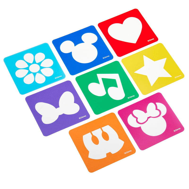 Nine colorful square-shaped stencils featuring various shapes, including a flower, a mouse head, a heart, a star, a musical note, a butterfly, a bow, a dress, and a character's head with a bow make up the Disney Junior Mickey & Friend: Finger Painting Fun set.
