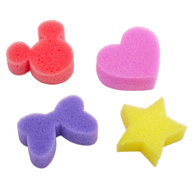 Four colorful sponges in the Disney Junior Mickey & Friends: Finger Painting Fun set are shaped as a red mouse head, pink heart, purple bow, and yellow star.
