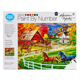 Palmer Paint by numbers- Abraham Hunter Autumn Memories 16 x 20 Inches with a farm scene featuring barns, horses, and a fence. The kit includes acrylic paint, brushes, and instructions. The painting measures 20 x 16 inches.