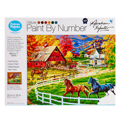 Palmer Paint by numbers- Abraham Hunter Autumn Memories 16 x 20 Inches with a farm scene featuring barns, horses, and a fence. The kit includes acrylic paint, brushes, and instructions. The painting measures 20 x 16 inches.