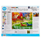 Palmer Paint by numbers- Abraham Hunter Autumn Memories 16 x 20 Inches featuring a colorful countryside scene with horses by a barn and a white fence, including numbered paints and brushes for creating the artwork "Autumn Memories" by Abraham Hunter.