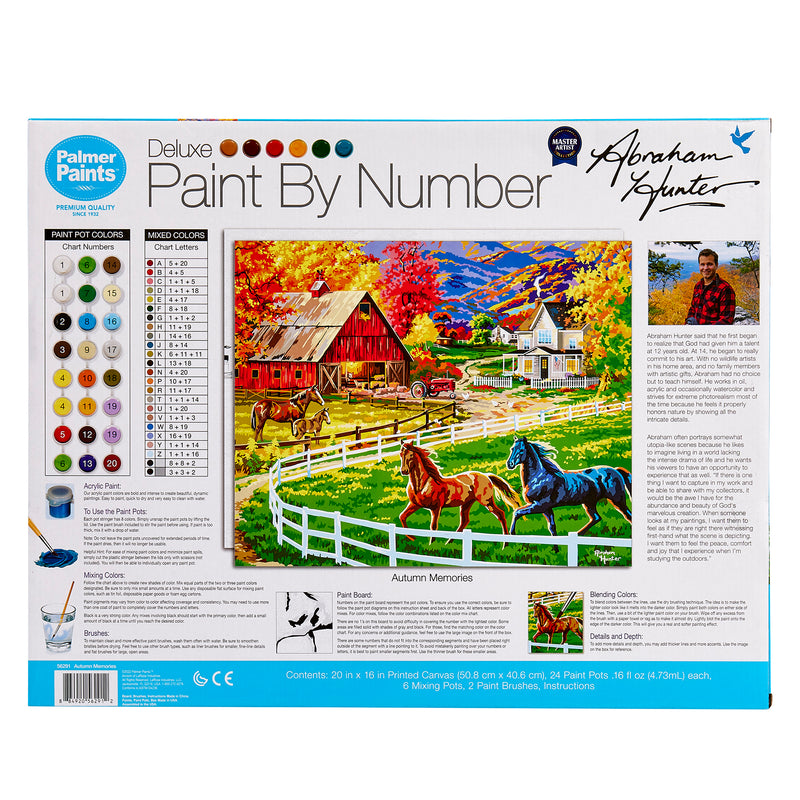 Palmer Paint by numbers- Abraham Hunter Autumn Memories 16 x 20 Inches featuring a colorful countryside scene with horses by a barn and a white fence, including numbered paints and brushes for creating the artwork "Autumn Memories" by Abraham Hunter.