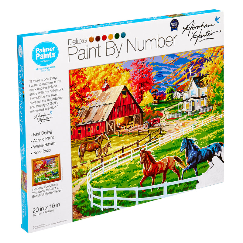 A box of "Palmer Paint by numbers- Abraham Hunter Autumn Memories 16 x 20 Inches" featuring a vibrant painting of horses by a barn and a house. The box highlights acrylic paints, water-based, and non-toxic, including brushes and paints.