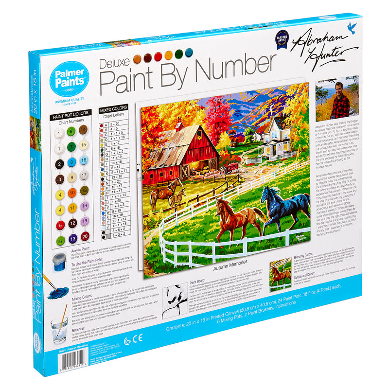 A Palmer Paint by numbers- Abraham Hunter Autumn Memories 16 x 20 Inches kit box with an autumn farm scene featuring a red barn, horses, and a colorful landscape. The title reads "Deluxe Paint By Number" with the painting called "Autumn Memories" by Abraham Hunter.