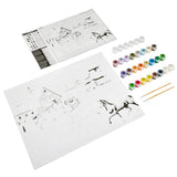 Palmer Paint by numbers- Abraham Hunter Autumn Memories 16 x 20 Inches featuring an unpainted canvas of a horse and barn scene, small paint pots in various colors, two paintbrushes, and an instruction sheet.