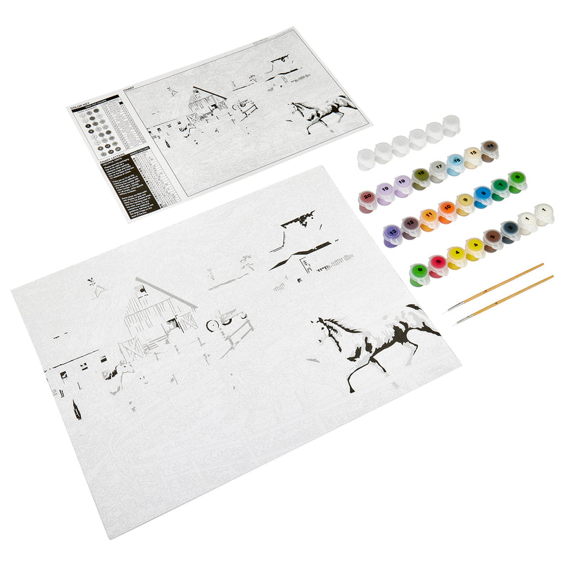 Palmer Paint by numbers- Abraham Hunter Autumn Memories 16 x 20 Inches featuring an unpainted canvas of a horse and barn scene, small paint pots in various colors, two paintbrushes, and an instruction sheet.