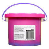 A pink bucket with a blue handle, containing art supplies, featuring a barcode and product information on the back label is called Cra-Z-Slimy Bucket TRICOLOR RAINBOW 48 OZ.