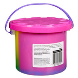 A pink plastic container with a purple handle and lid, containing art supplies. The product label includes usage warnings and the website address for more information is Cra-Z-Slimy Bucket TRICOLOR RAINBOW 48 OZ.