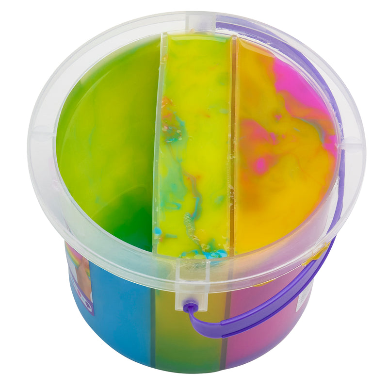 A Cra-Z-Slimy Bucket TRICOLOR RAINBOW 48 OZ containing multi-colored slime, divided into three sections with yellow, green, and purple hues blending slightly in the middle.