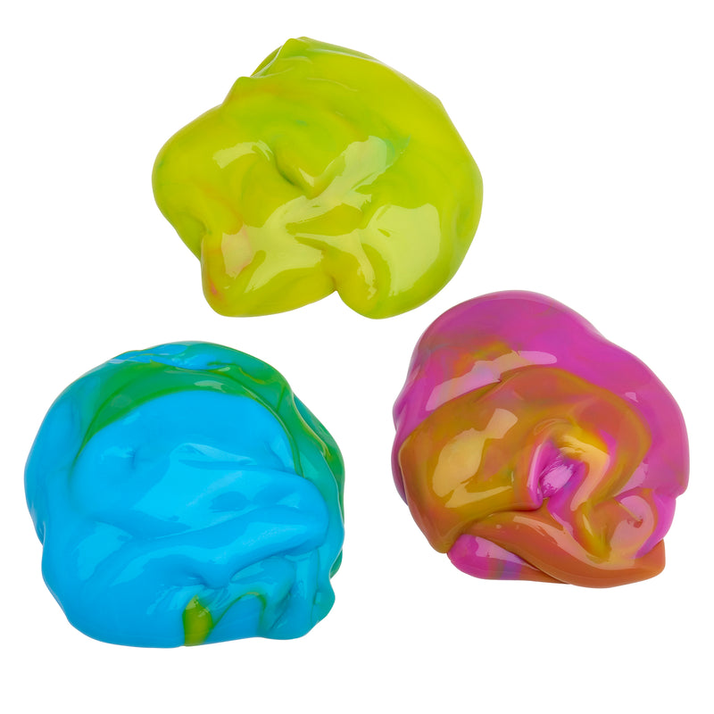 Three lumps of colorful Cra-Z-Slimy Bucket TRICOLOR RAINBOW 48 OZ: one yellow-green, one blue with green hues, and one purple with yellow-orange swirls.