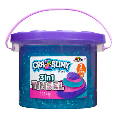 A bucket of Cra-Z-Slimy Bucket TRICOLOR TINSEL 48  OZ, containing 3 lbs (1.36 kg) of slime in three fun colors, with a purple handle and lid.