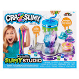 A child's slime-making kit called "Cra-Z-Slimy Metallic Slimy Studio" includes various slime-making tools and ingredients, as shown on the packaging with an image of a child holding slime.