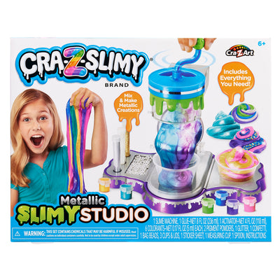 A child's slime-making kit called "Cra-Z-Slimy Metallic Slimy Studio" includes various slime-making tools and ingredients, as shown on the packaging with an image of a child holding slime.