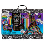 Timeless Creations Coloring Case with 2 coloring books, 10 markers, 24 colored pencils, and 1 case. The packaging features various drawings, including the Eiffel Tower and the word "Bonjour." Contains 37 pieces.