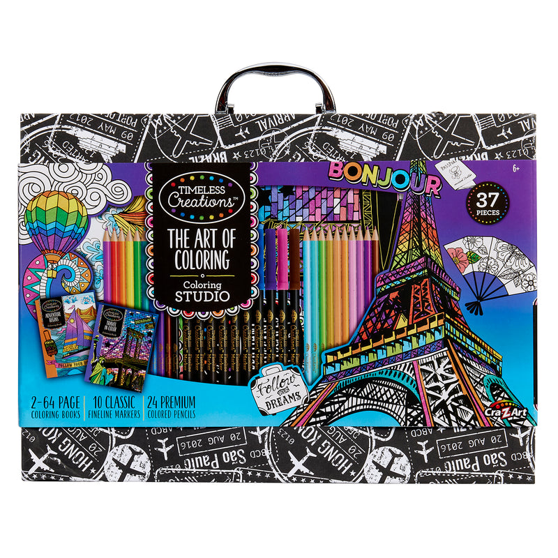 Timeless Creations Coloring Case with 2 coloring books, 10 markers, 24 colored pencils, and 1 case. The packaging features various drawings, including the Eiffel Tower and the word "Bonjour." Contains 37 pieces.