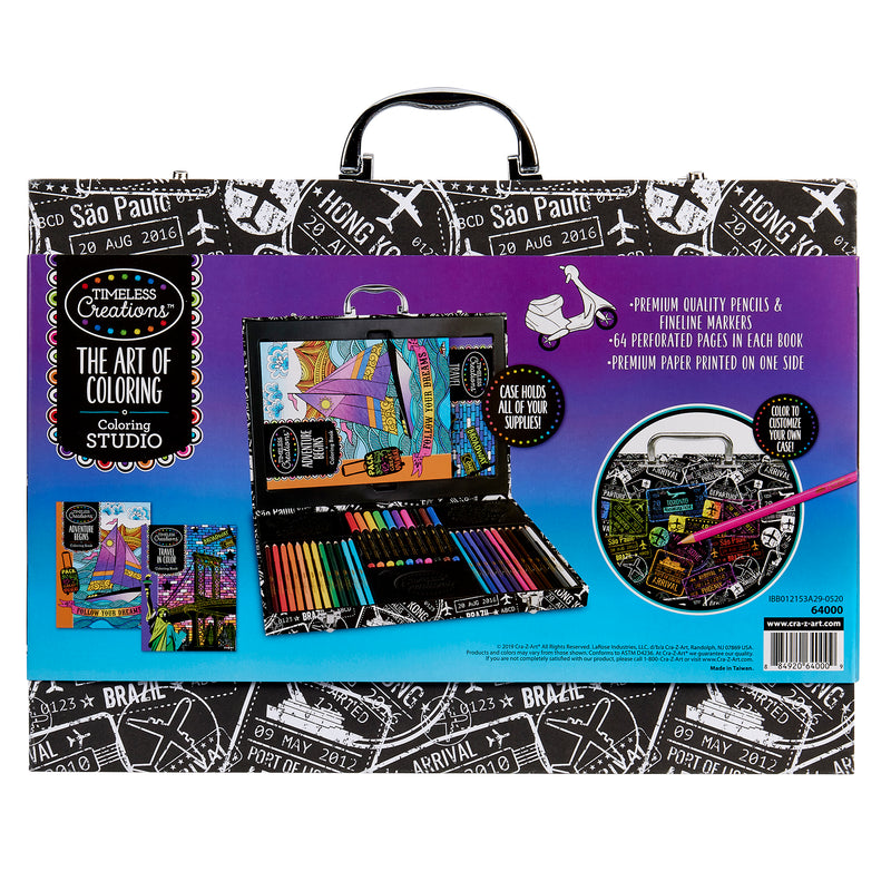 A Timeless Creations Coloring Case with a case, conditionally shown on a packaging box. The kit includes pencils, markers, and coloring books with pre-printed designs, labeled with various features of the product.