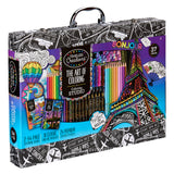A colorful art kit titled "Timeless Creations Coloring Case" containing coloring books, markers, and colored pencils, with an Eiffel Tower design on the case.