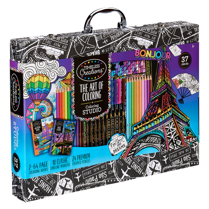 A colorful art kit titled "Timeless Creations Coloring Case" containing coloring books, markers, and colored pencils, with an Eiffel Tower design on the case.
